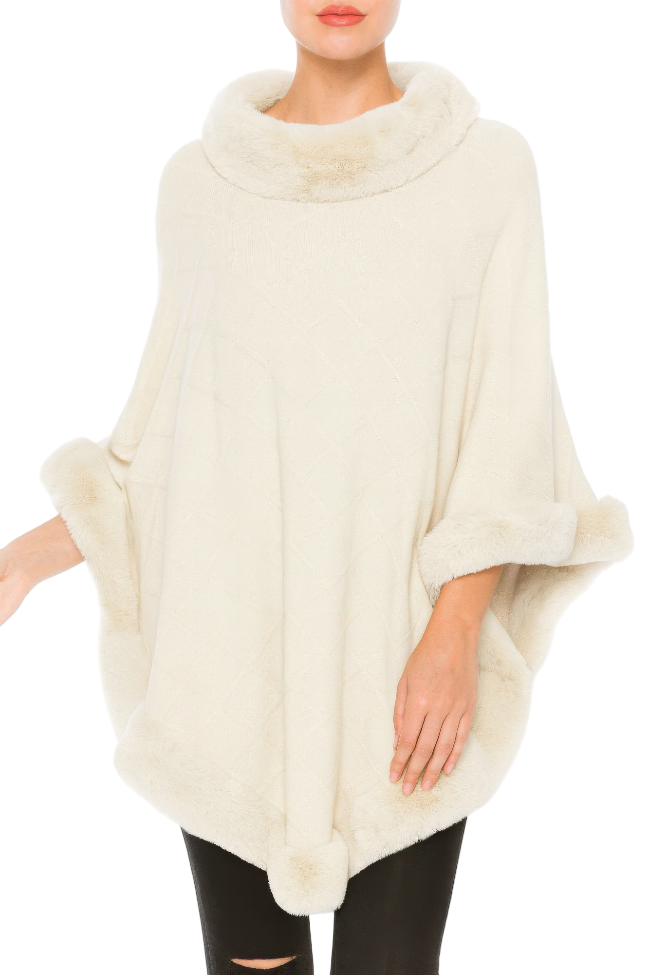 Classic Black Poncho With Faux Fur Trim