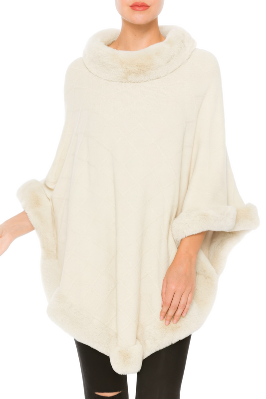 Classic Black Poncho With Faux Fur Trim