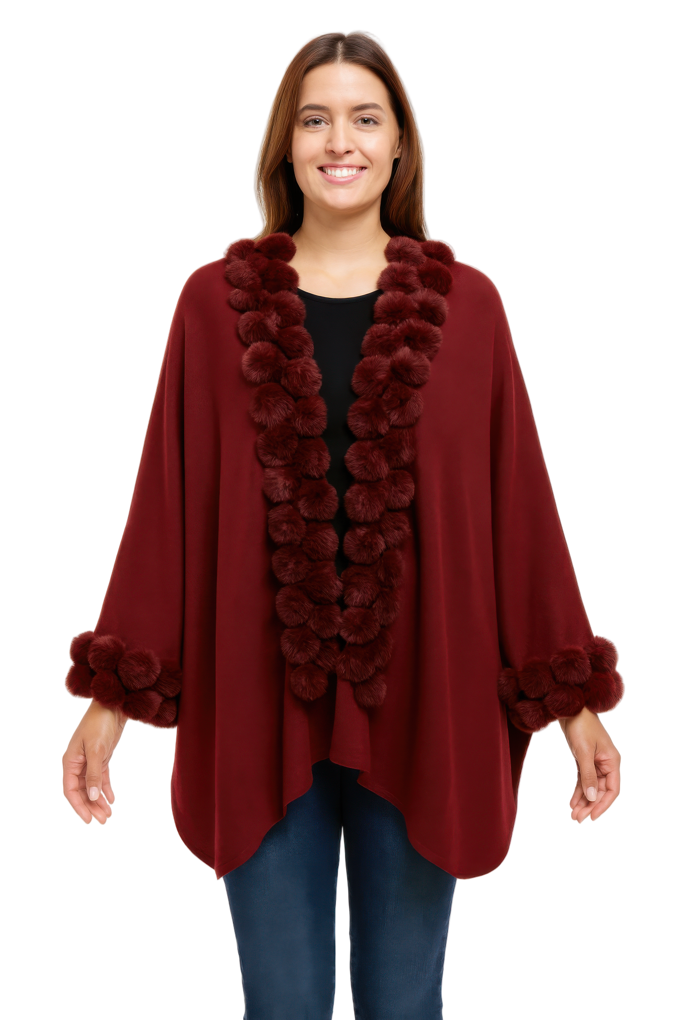 Open-front Cape With Pom Faux Fur Trim