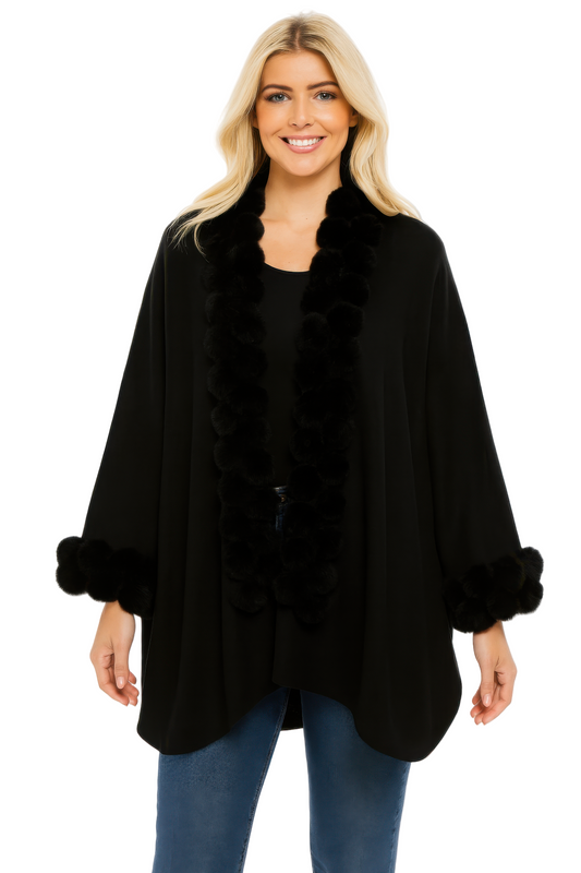 Open-front Cape With Pom Faux Fur Trim