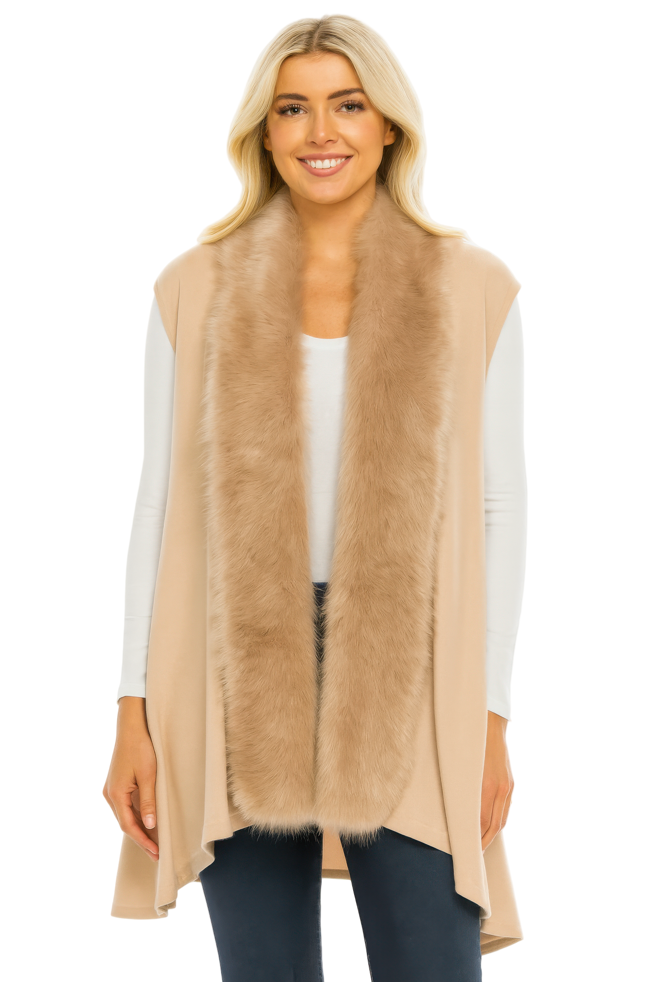Sleeveless Drape Vest With Faux Fur Trim In Camel