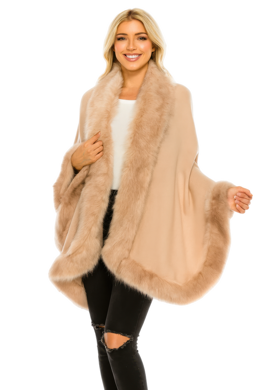 Camel Faux Fur Trim Open-front Cape Wrap
