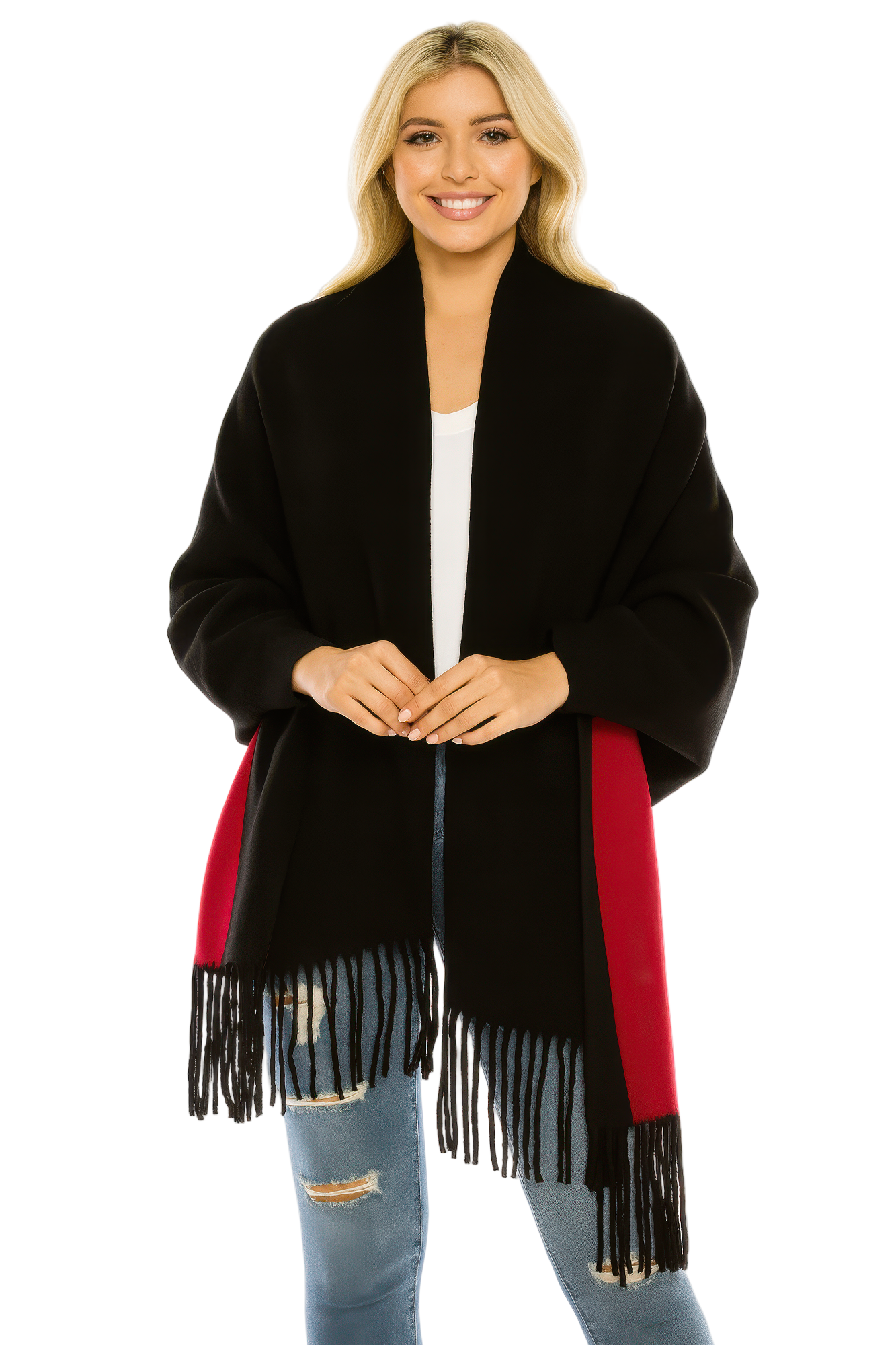 Colorblock Fringe-trimmed Open Wrap