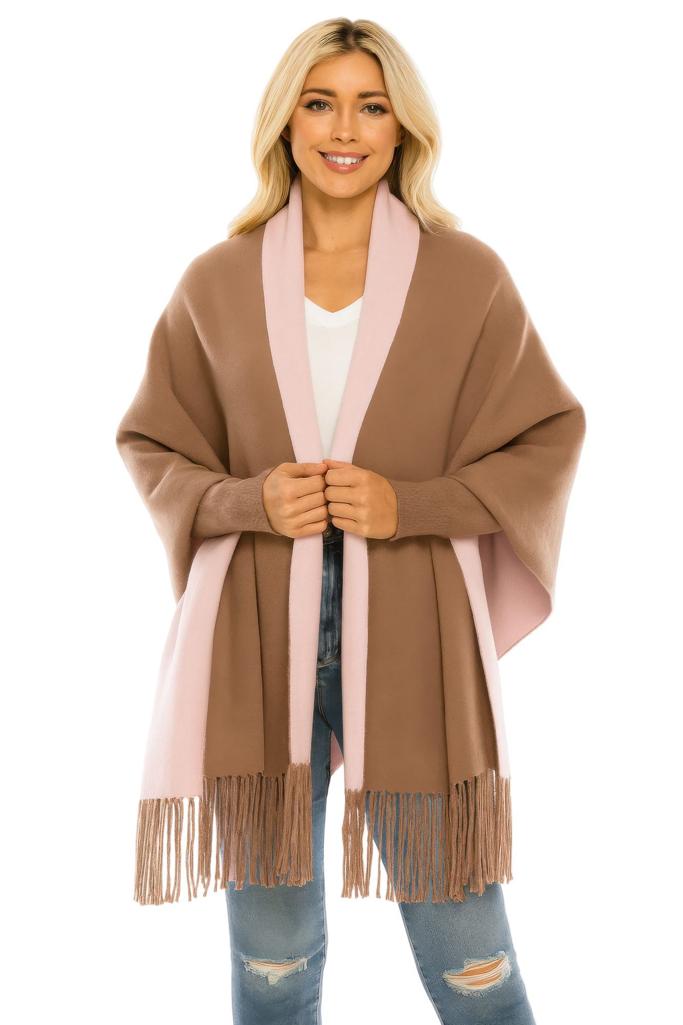 Colorblock Fringe-trimmed Open Wrap