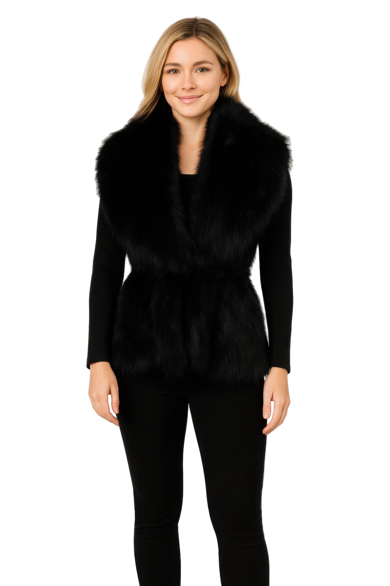 Black Sleeveless Faux Fur Vest With Cinched Waist