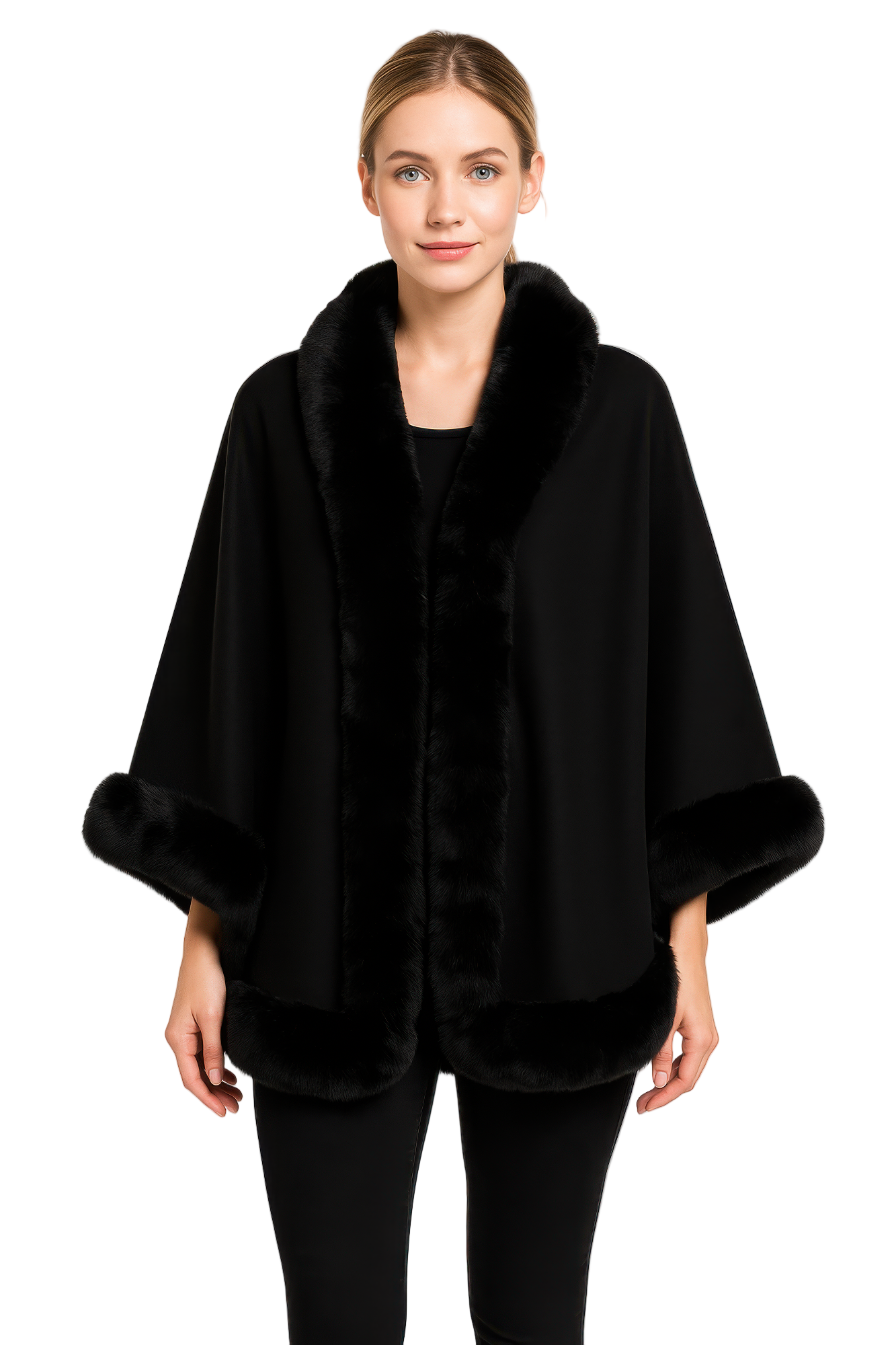 Faux Fur Trim Open-front Cape Jacket