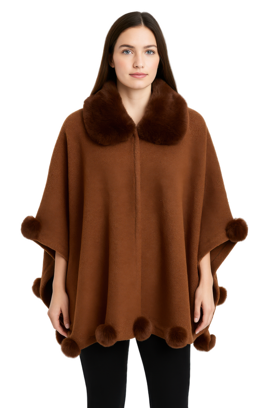 Trim Cape With Faux Fur Collar
