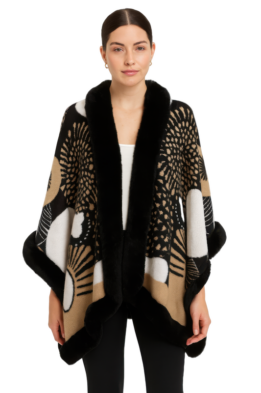 Abstract Print Faux Fur Trim Cape In Black & Camel