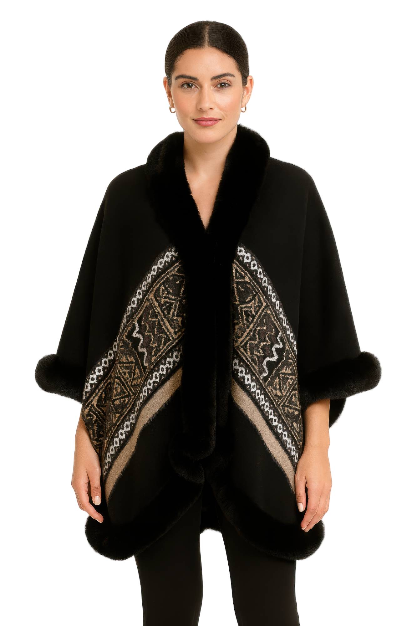 Black Geometric Border Faux Fur Trim Cape