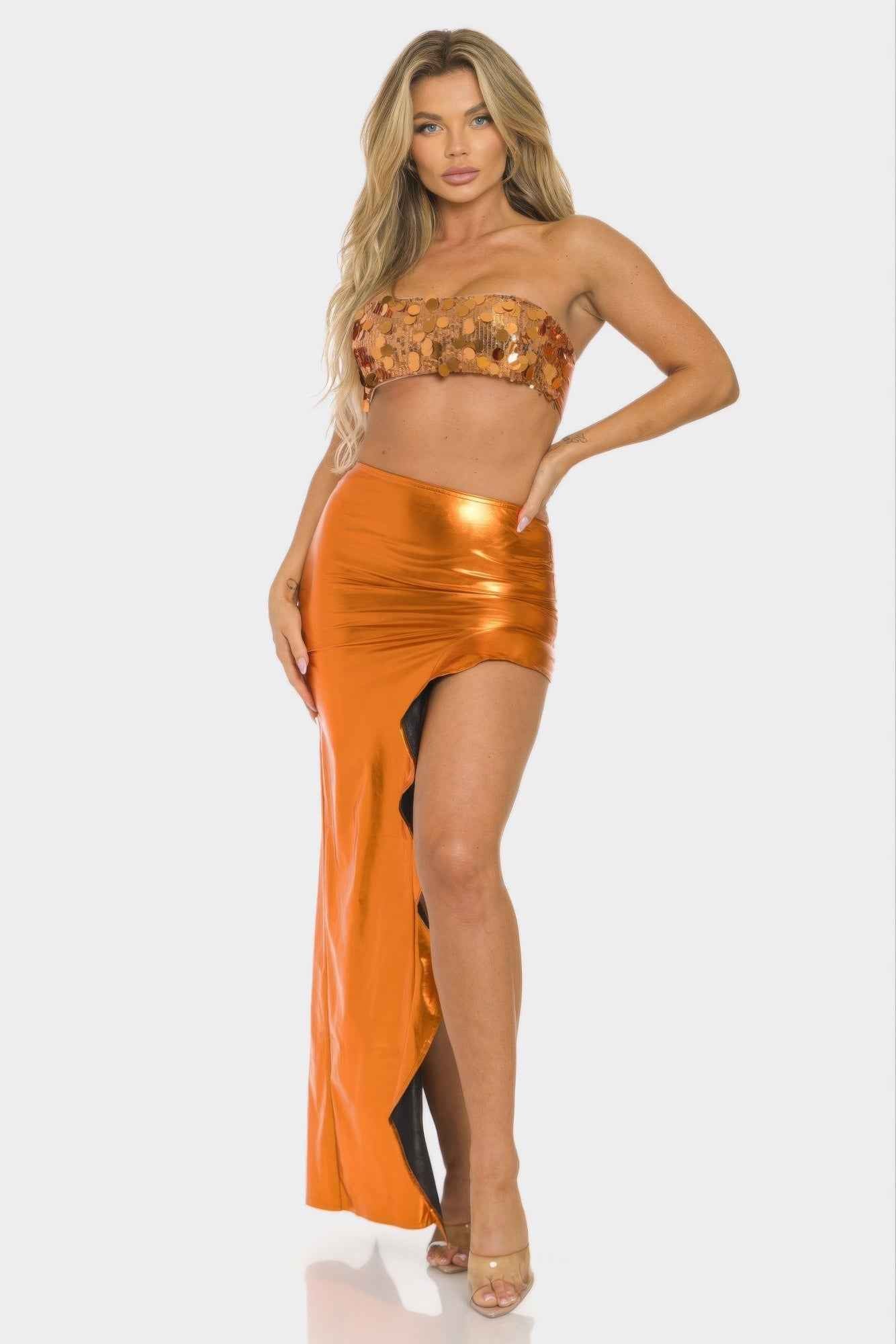 Metallic Sequin Crop Top & Skirt Set