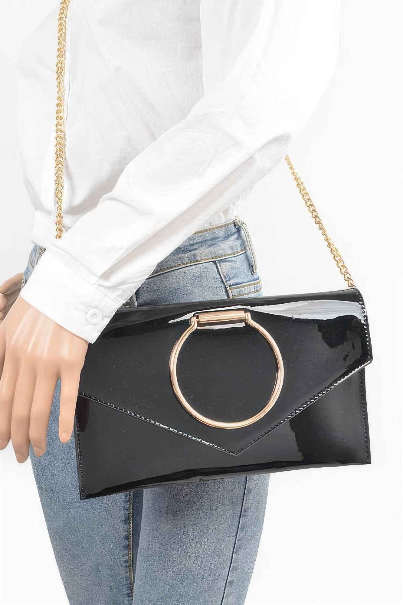 Enamel Faux Leather Metal Handle Flap Clutch