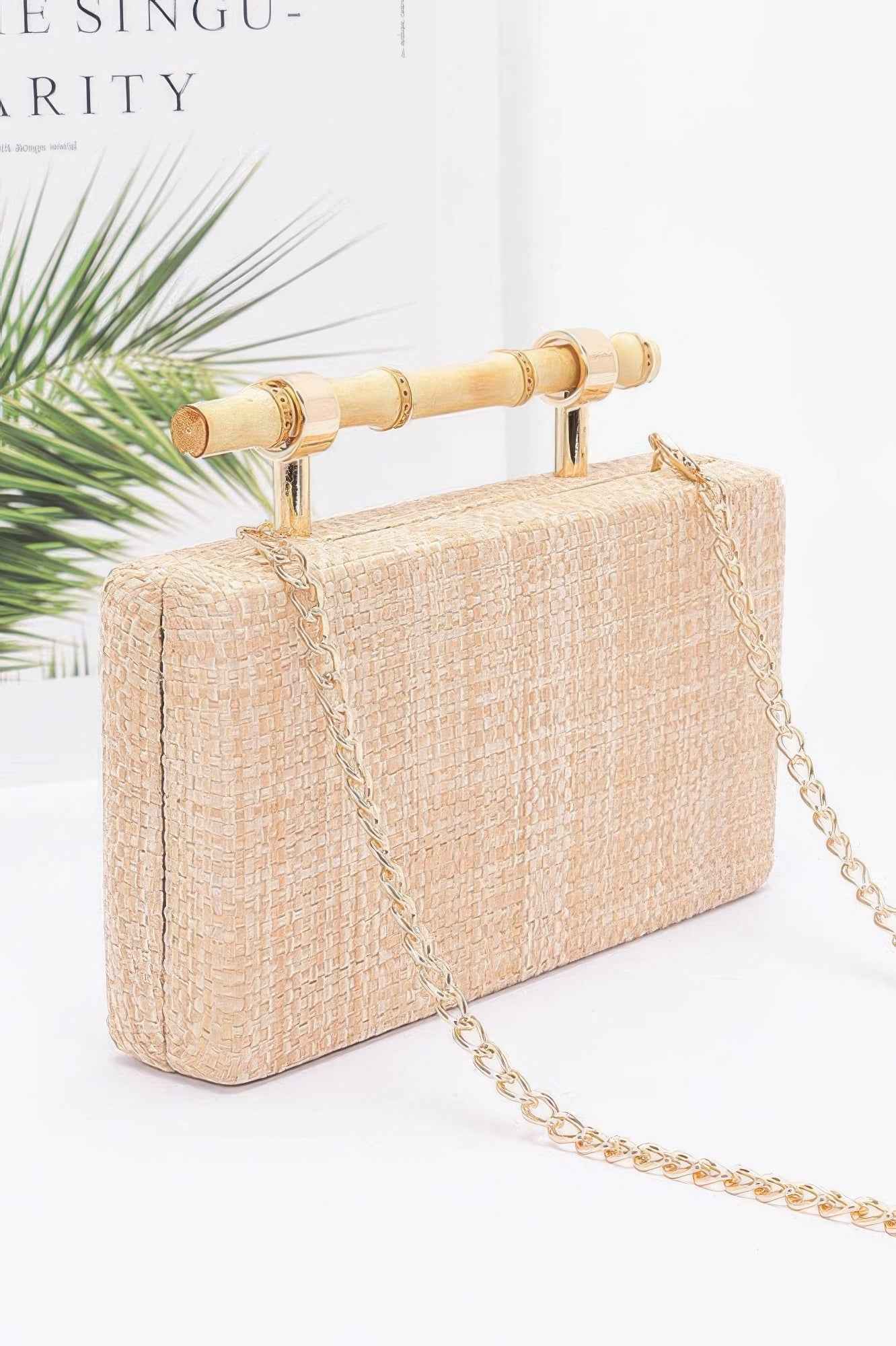 Faux Straw Bamboo Handle Case Bag