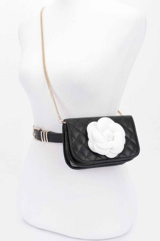 Faux Leather Quilted Flower Beltbag Shoulder Chain