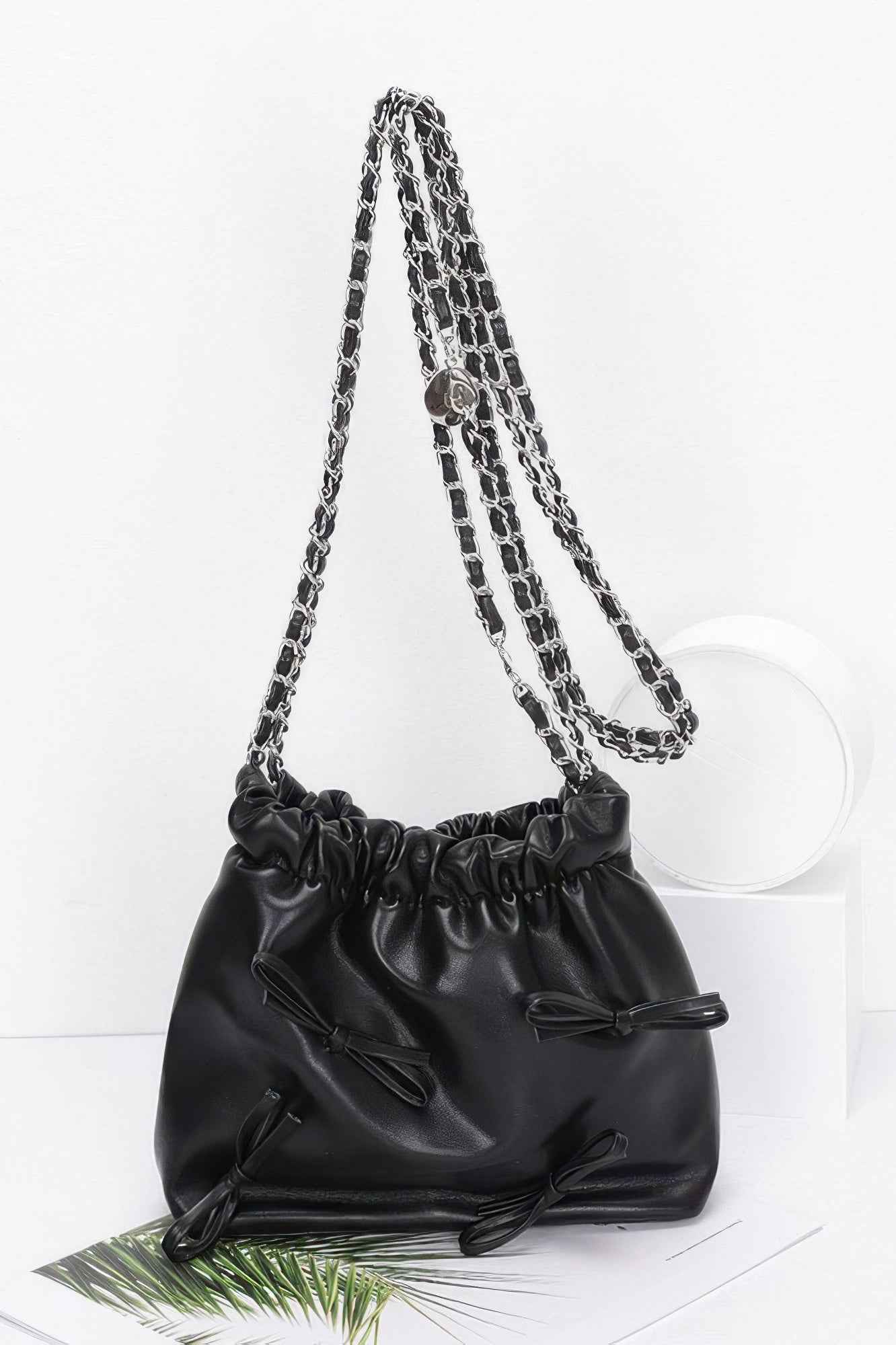 Faux Leather Multi Ribbon Bucket Chaincrossbodybag