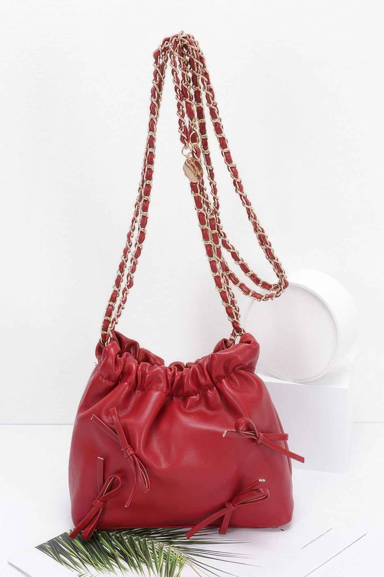 Faux Leather Multi Ribbon Bucket Chaincrossbodybag
