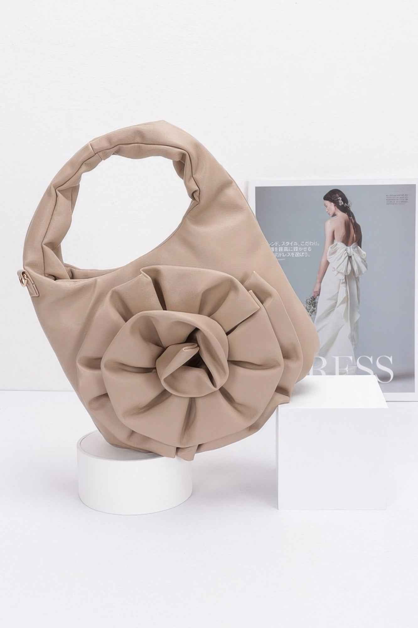 Faux Leather Big Flower Handle Bag