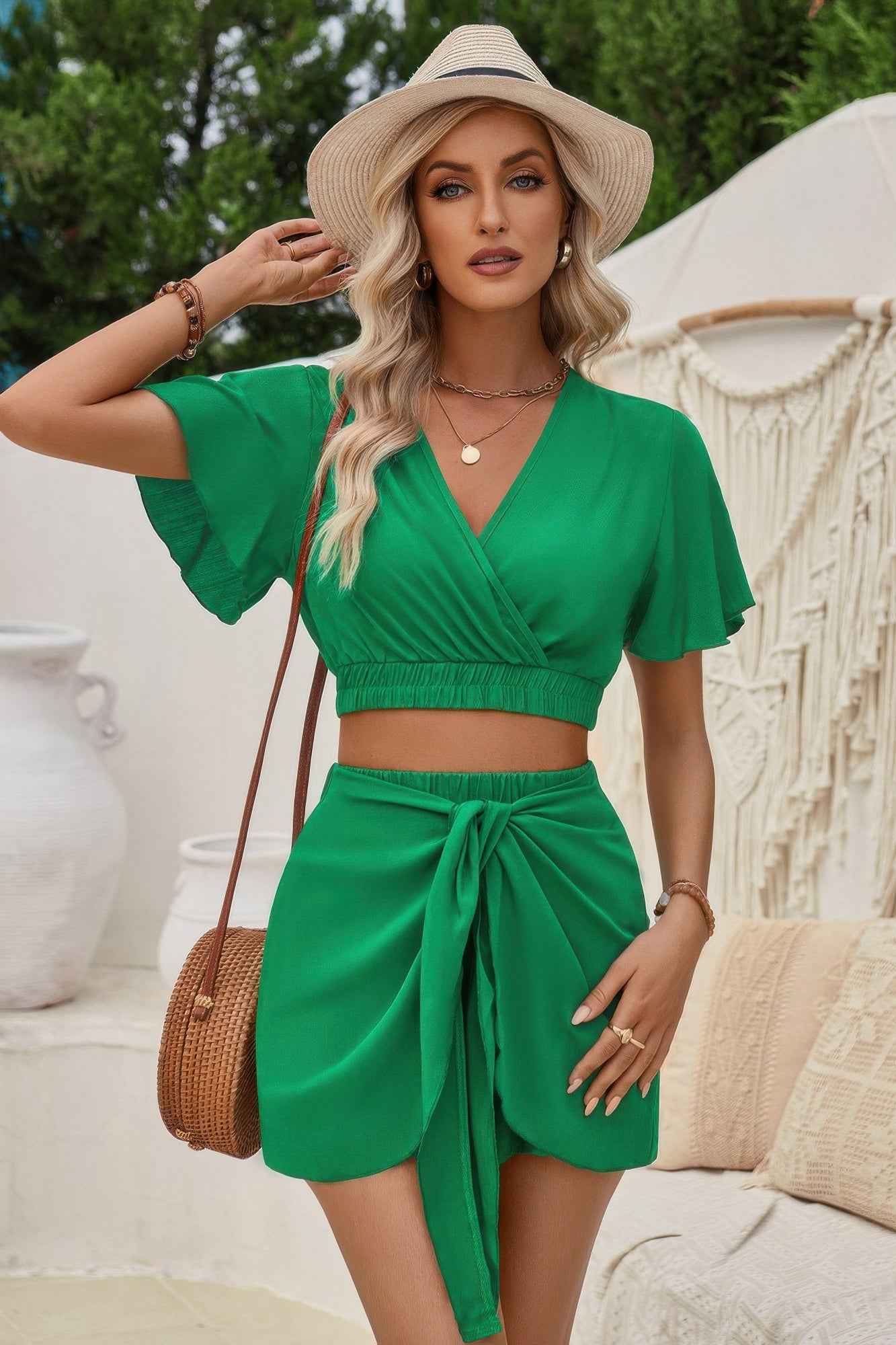 Two Pieces V Neck Ruffle Crop Shirt And Wrap Sets