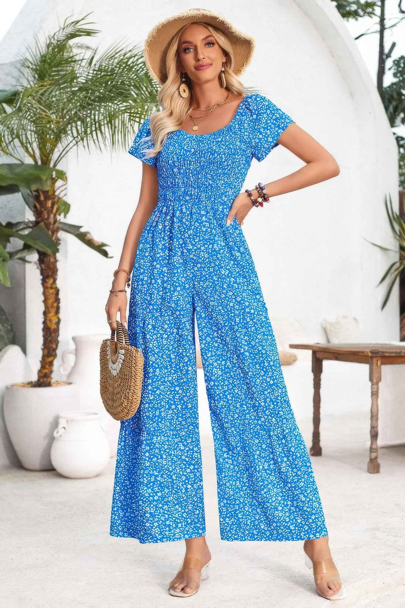 Square Neck Ruched Dot Print Wide Leg Jumpsuit