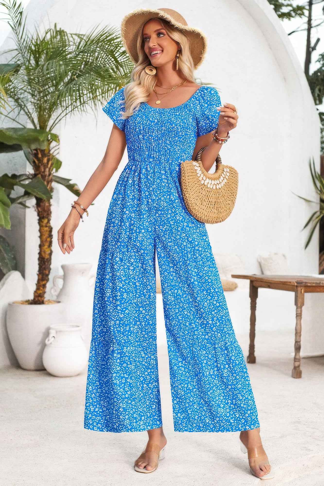 Square Neck Ruched Dot Print Wide Leg Jumpsuit