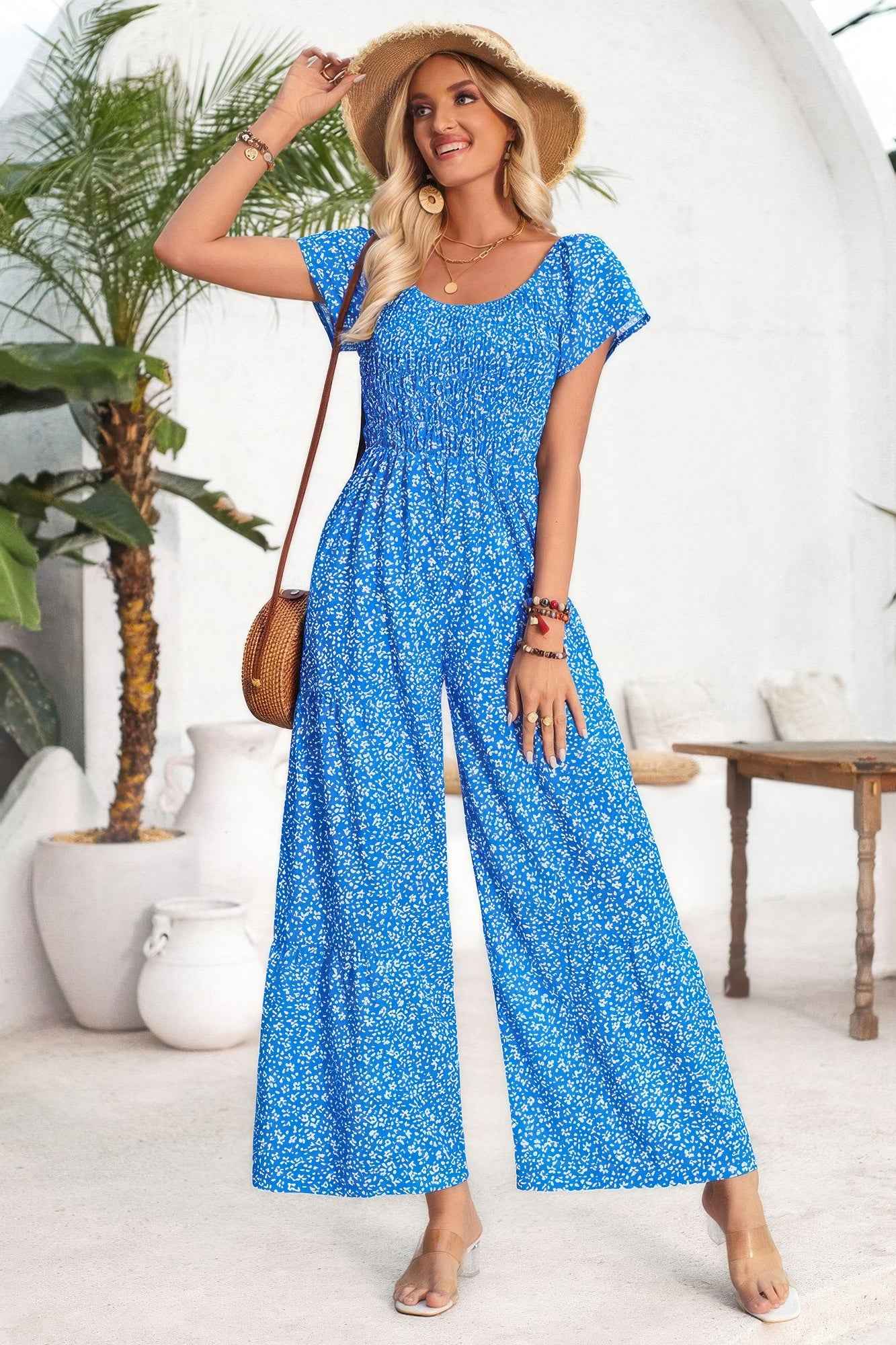 Square Neck Ruched Dot Print Wide Leg Jumpsuit