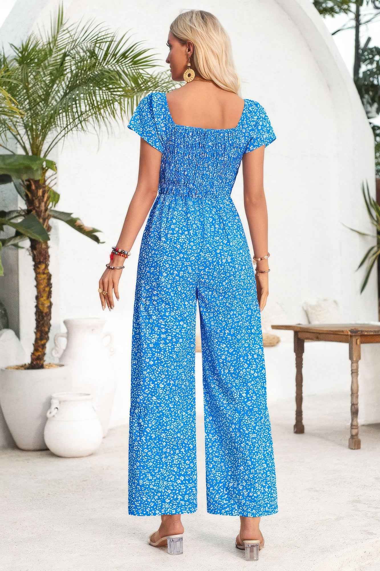 Square Neck Ruched Dot Print Wide Leg Jumpsuit