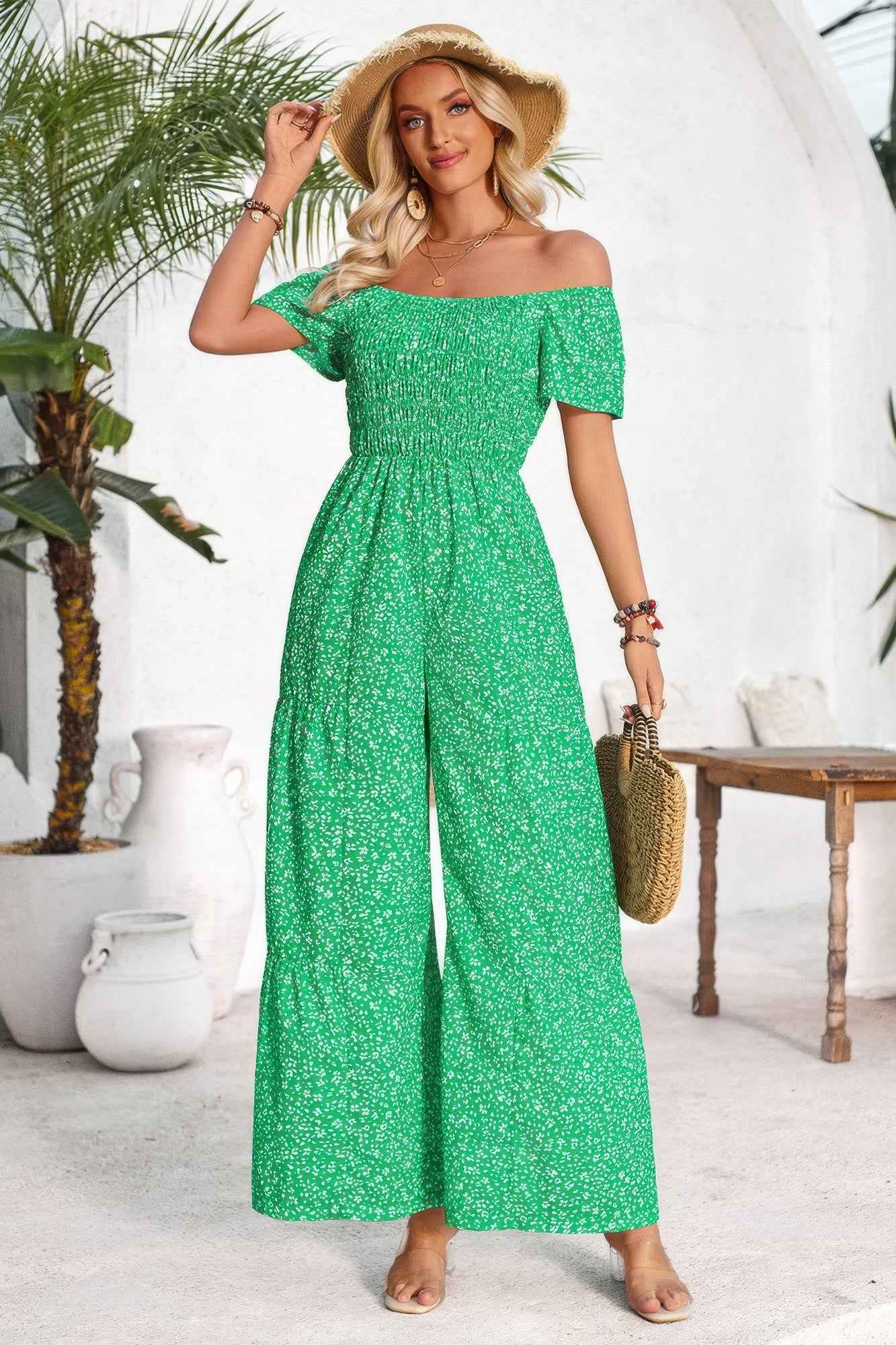 Square Neck Ruched Dot Print Wide Leg Jumpsuit