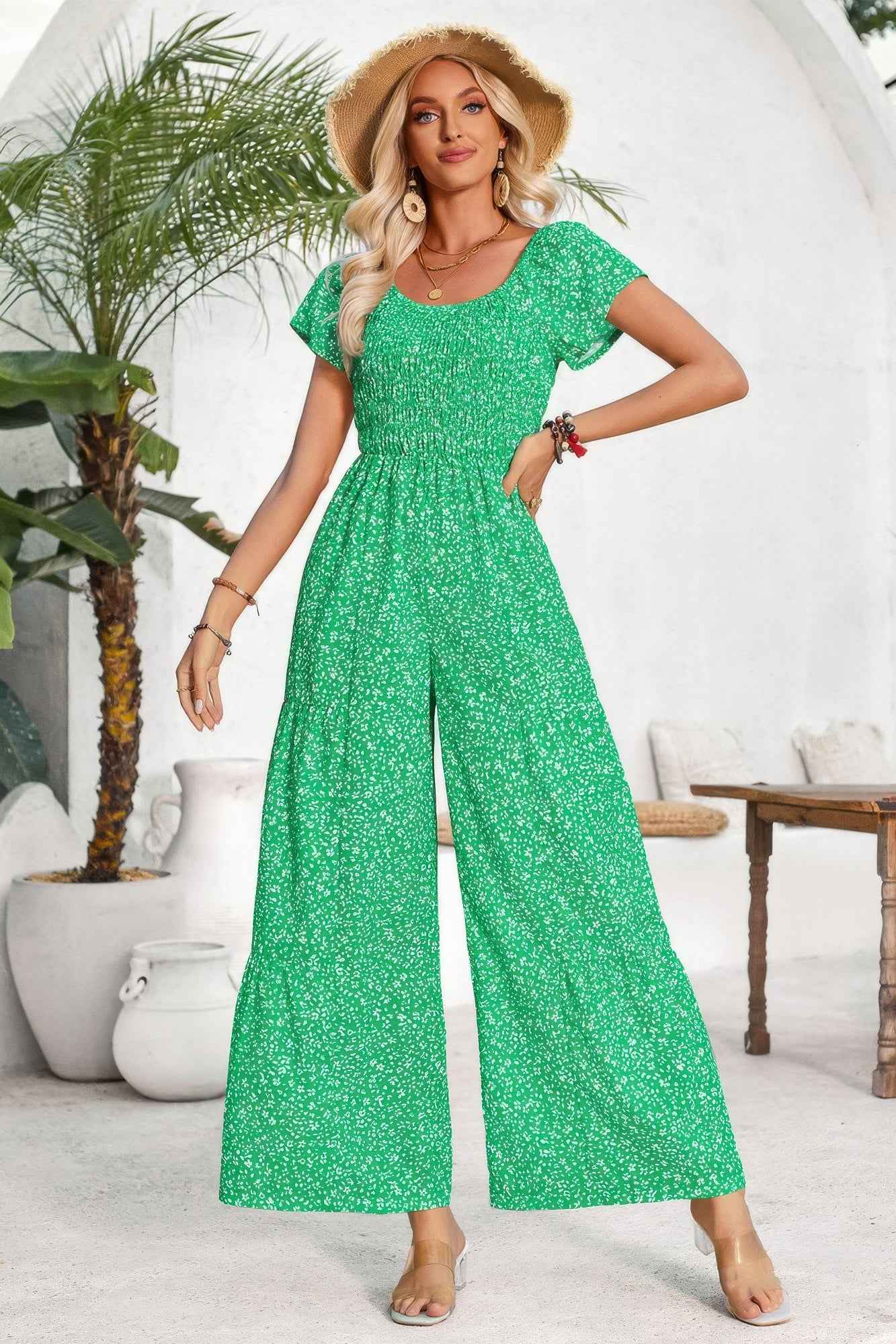 Square Neck Ruched Dot Print Wide Leg Jumpsuit