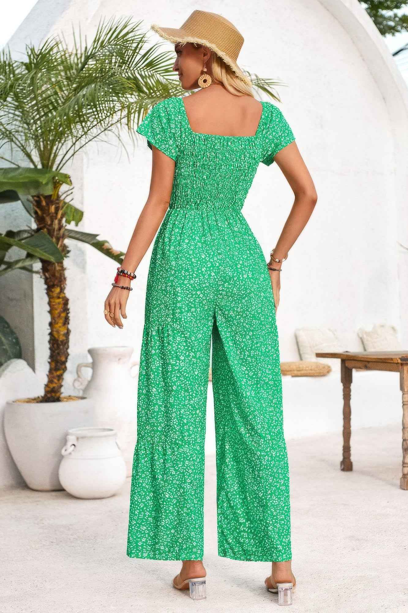 Square Neck Ruched Dot Print Wide Leg Jumpsuit