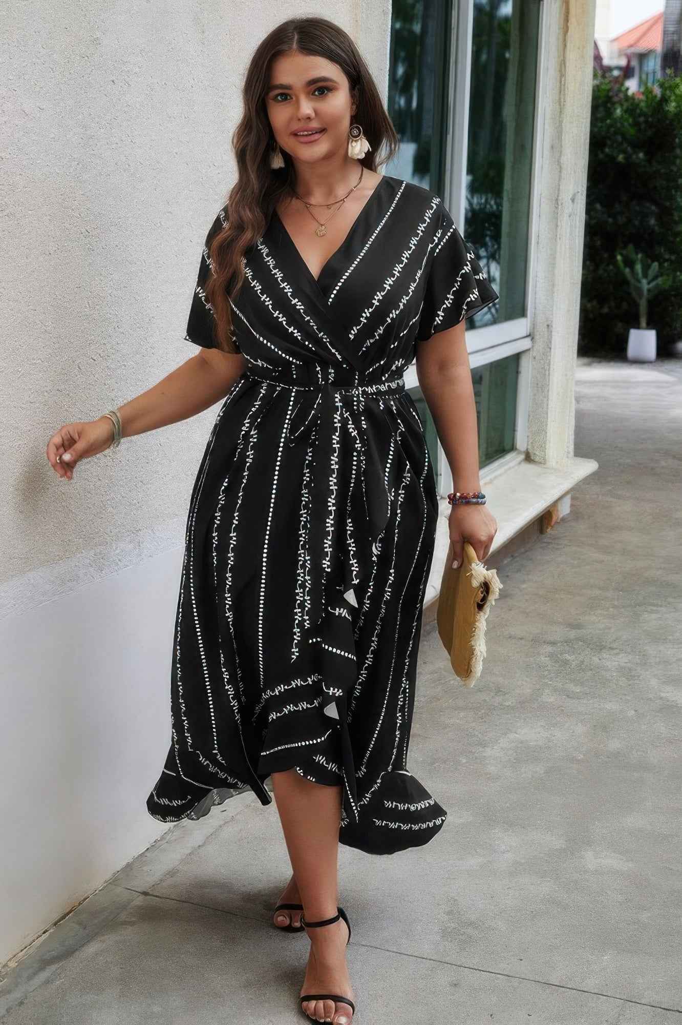 Plus Deep V Belt Asymmetric Hem Fit Dress