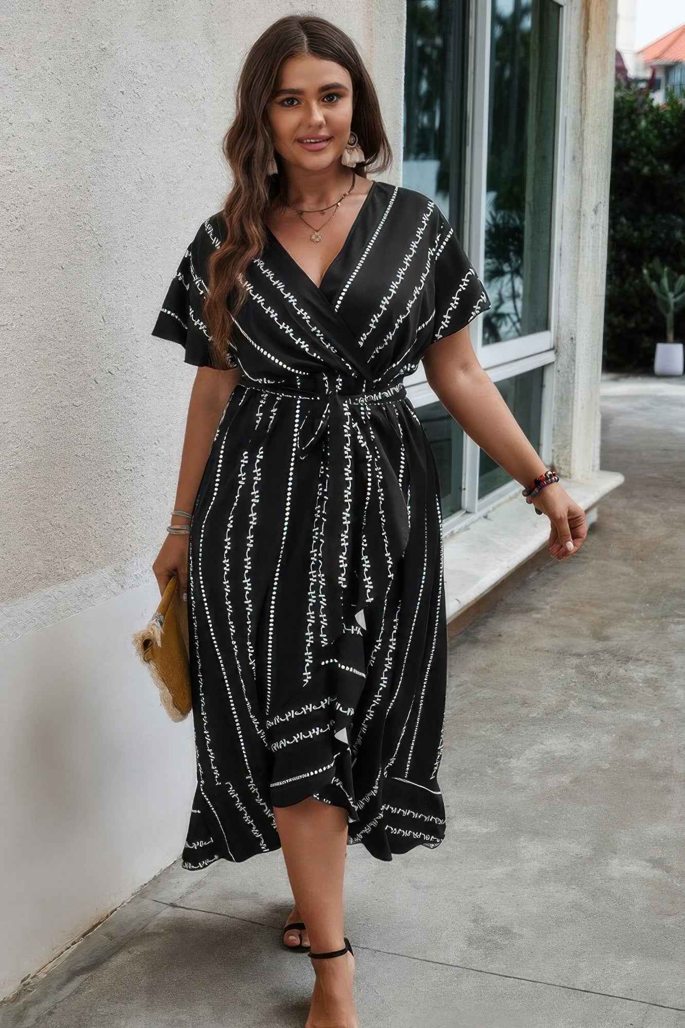 Plus Deep V Belt Asymmetric Hem Fit Dress