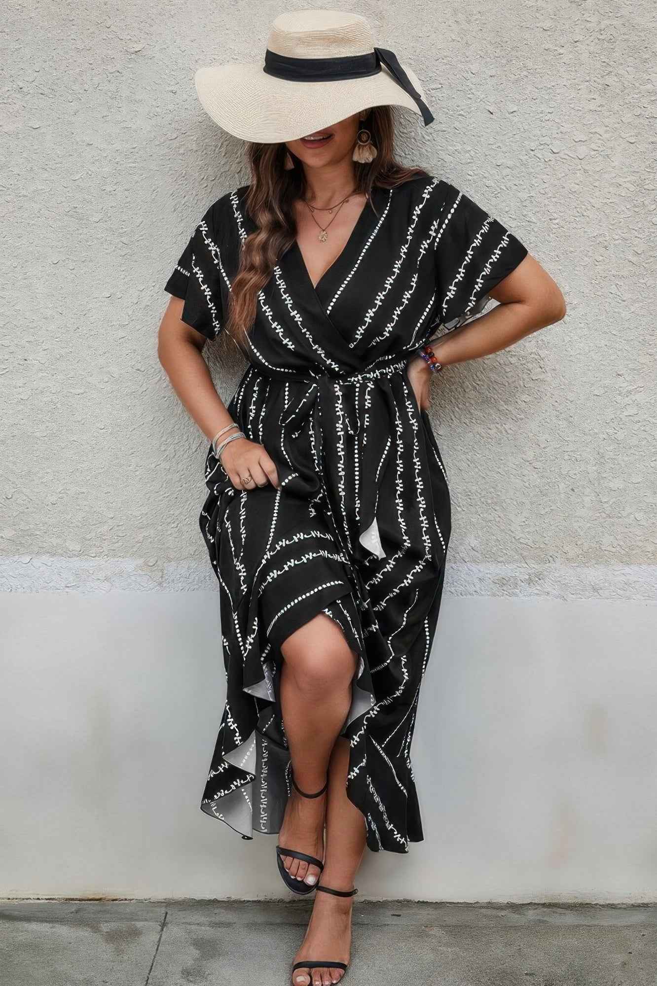 Plus Deep V Belt Asymmetric Hem Fit Dress
