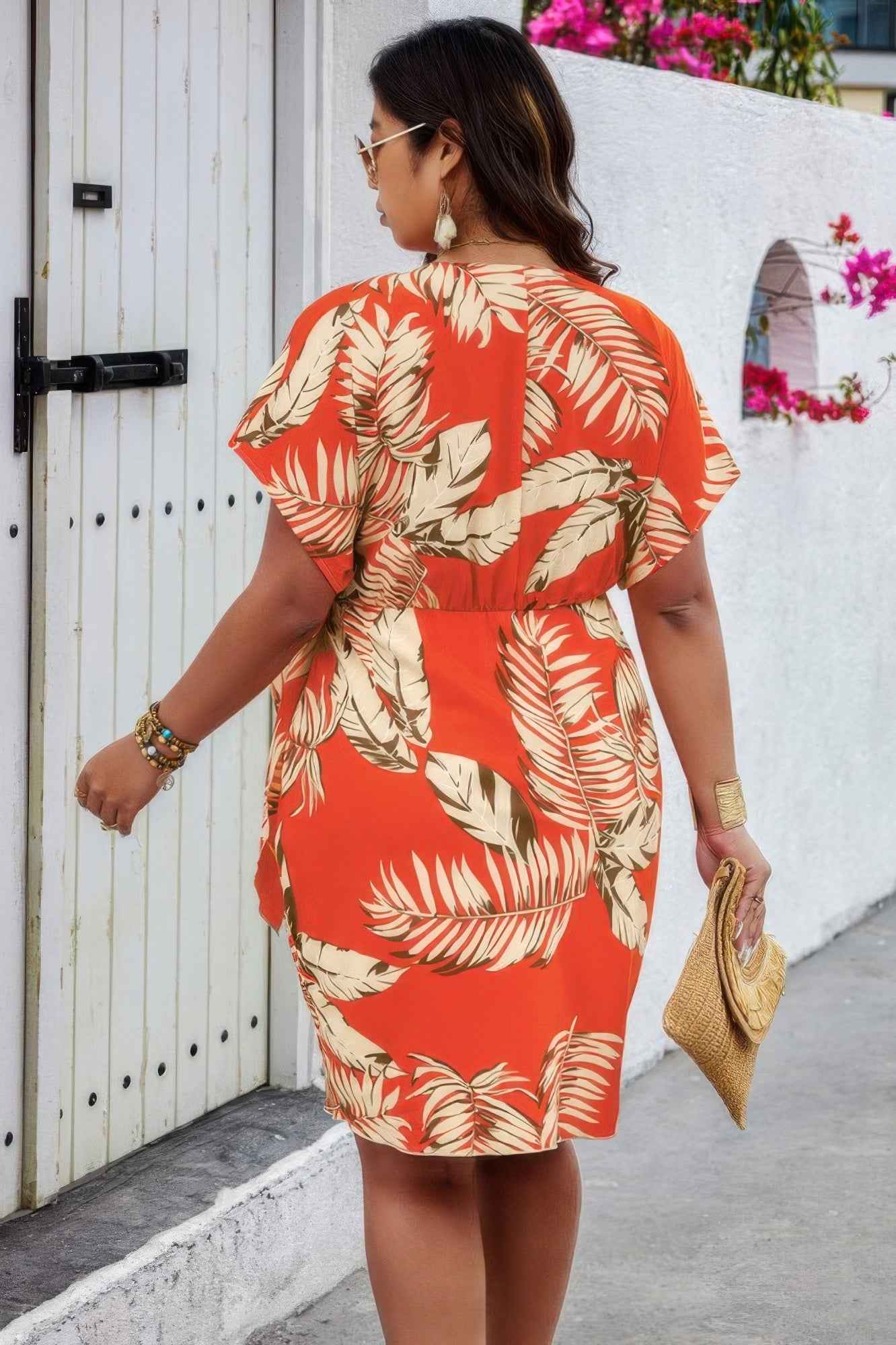 Plus Plant Print V Neck Wrap Tie Waist Dress