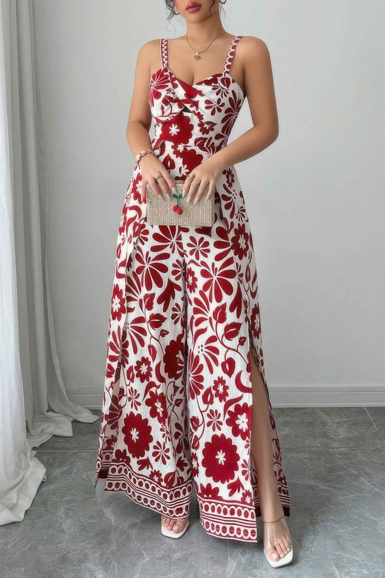 Floral Print High Waist Split Wide Leg Fit Jumpsuit