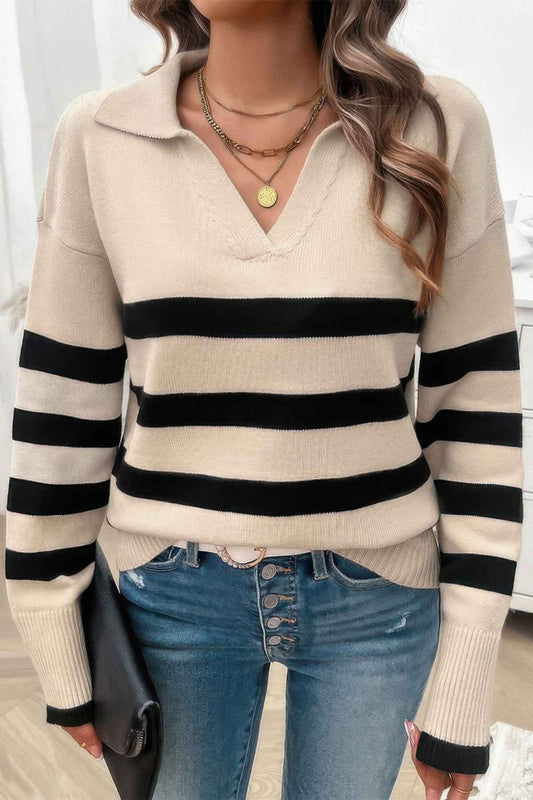 V Neck Drop Shoulder Strip Knit Loose Sweater