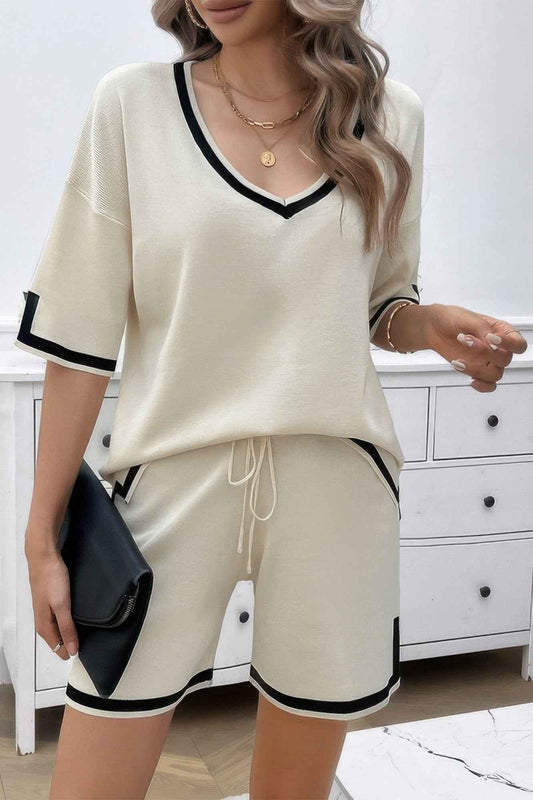 Knit Solid Deep V Neck Loose Drawstring Loose Set