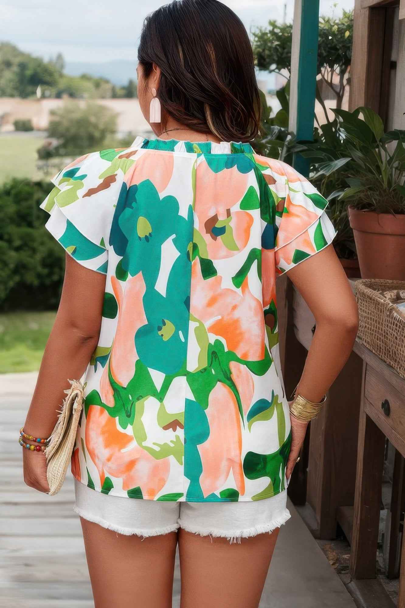 Plus Size Print Knot Neck Ruffle Fit Top