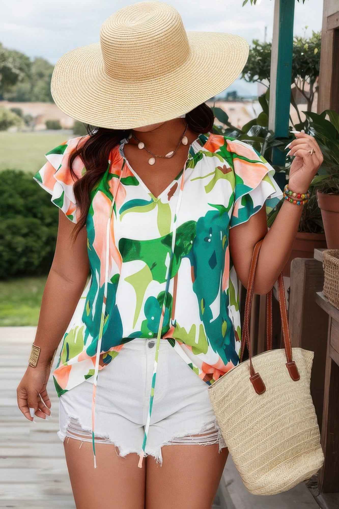 Plus Size Print Knot Neck Ruffle Fit Top