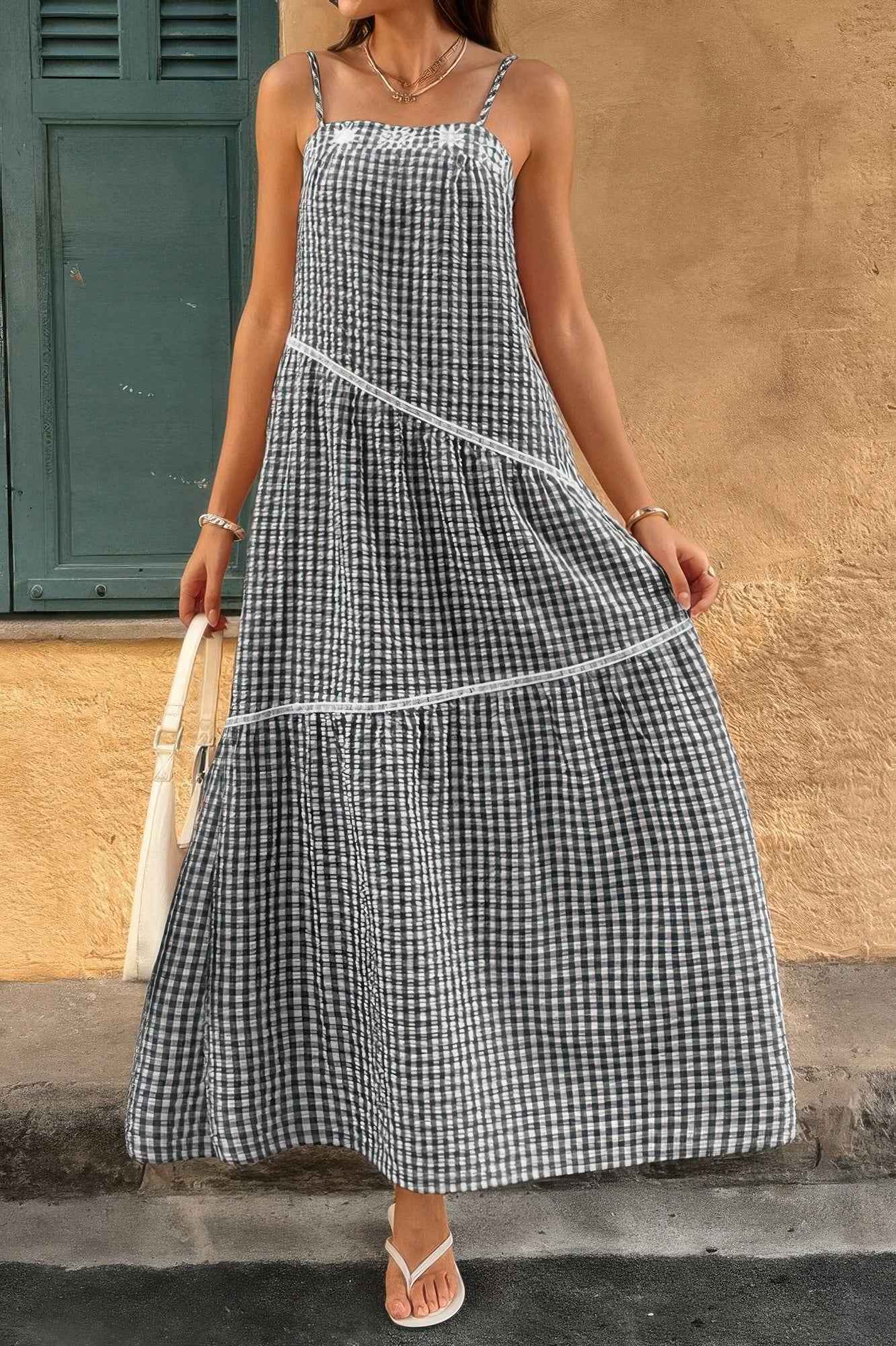 Suspenders Plaid Color Block A Line Dress